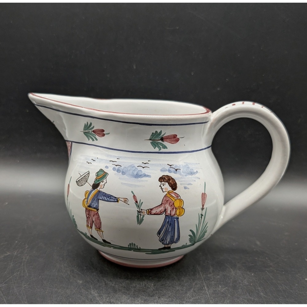 Sberna Deruta Italy Hand Painted Ceramic Pitcher Folk Art Figures Floral White